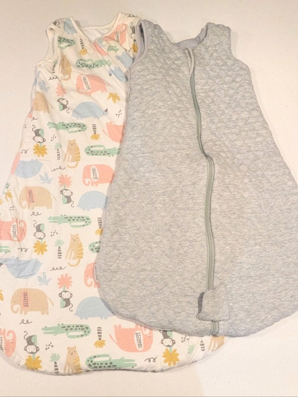 Set Of 2 Sleeveless Cotton Sleep Sacks - Gray Quilted & Pastel Animal Print
